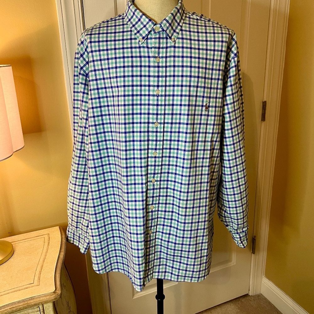 NWOT Men's Ralph Lauren Plaid Blue Green Check Button Down Oxford Shirt Size 3XB
